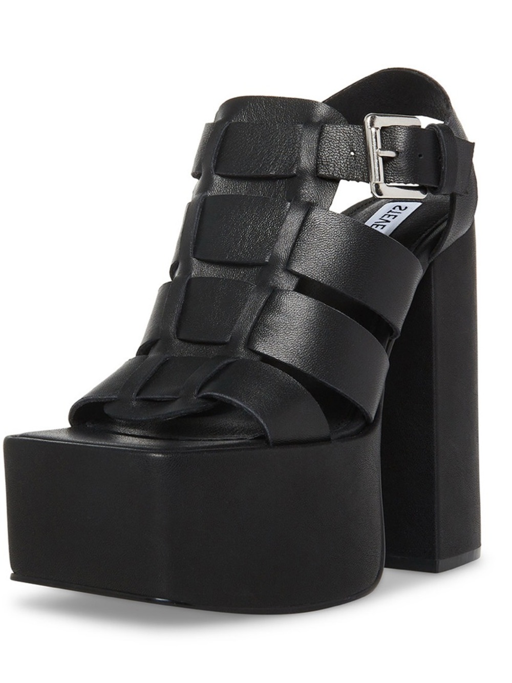Steve Madden Black Leather Platform Block Heel Sandal